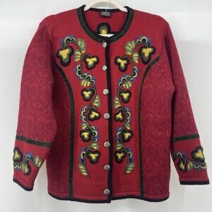Vrikki Norwegian 100% Wool Cardigan Red Embroidered Button Down Oversized XSmall